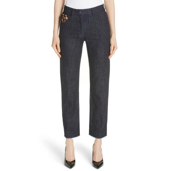 $695 Michael Kors Collection Calf Hair Straight Jean Dark Wash Animal Print EUC - Picture 2 of 14